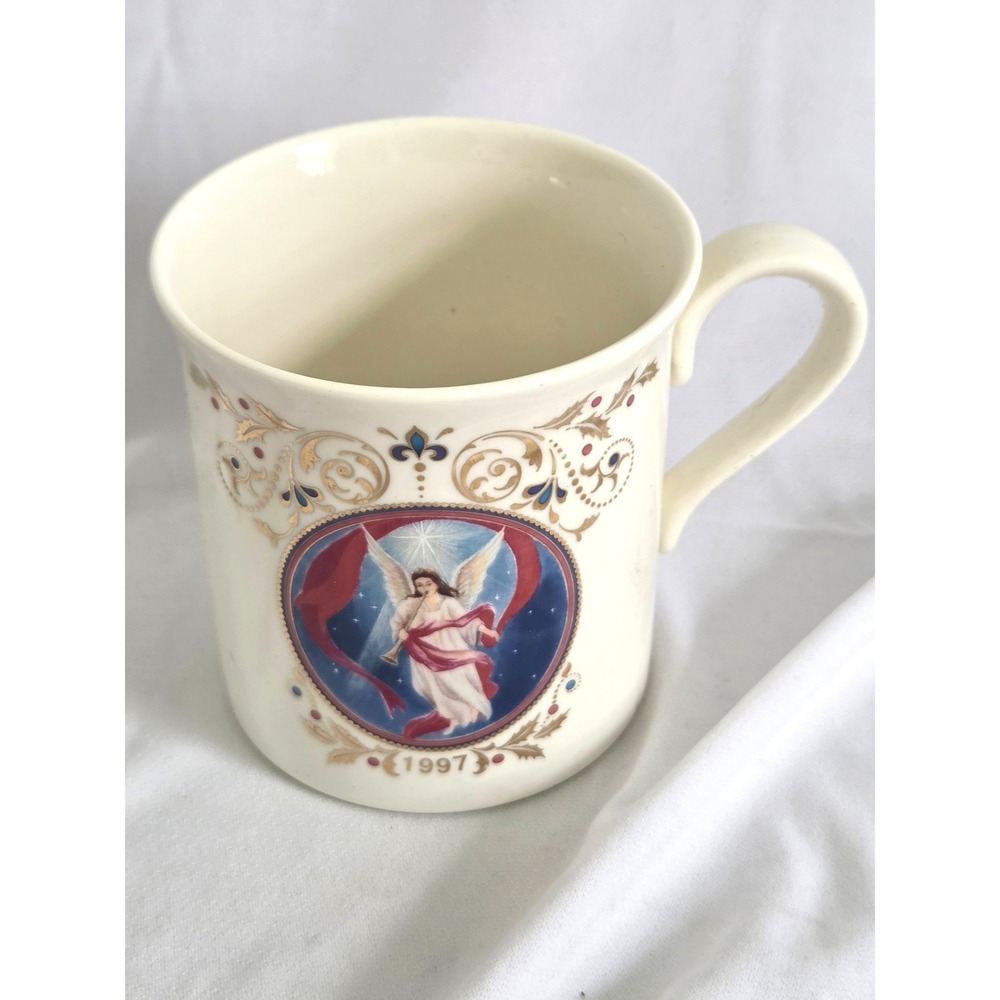 Vintage 1997 Angel Christmas Mug Ivory China Gold Filigree Holiday Collector Cup